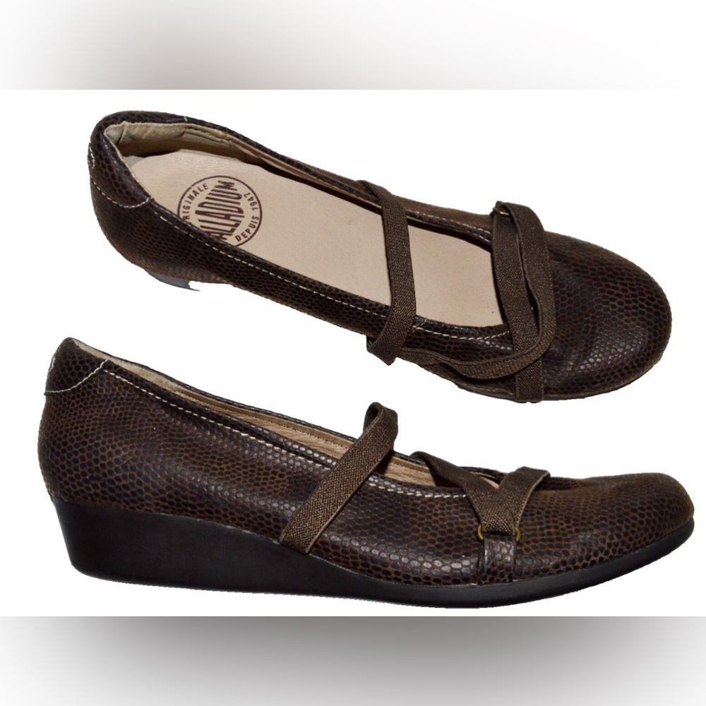 PALLADIUM SZ 9.5 M BROWN SNAKE PRINT LEATHER MARY JANE LOW WEDGE HEEL SHOES